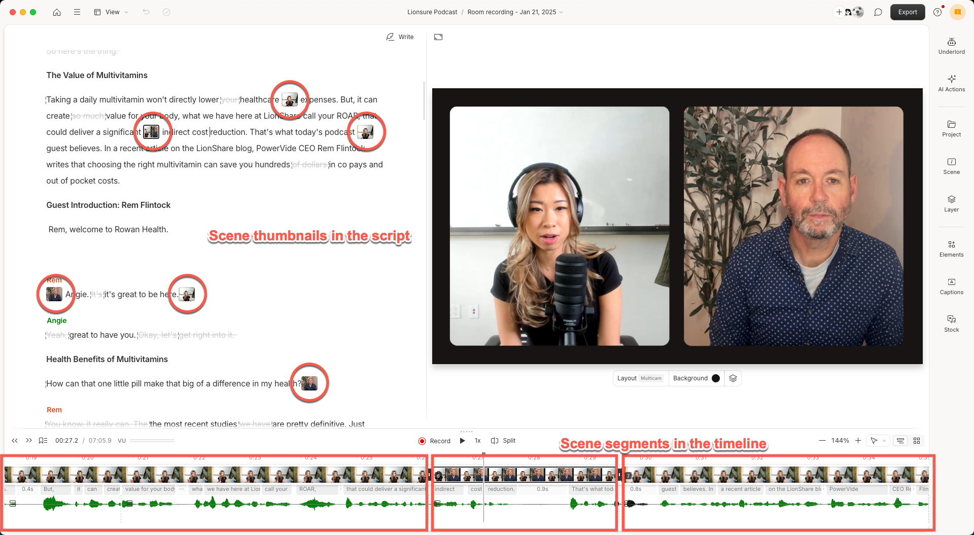 Scene indicaators in the script and timeline