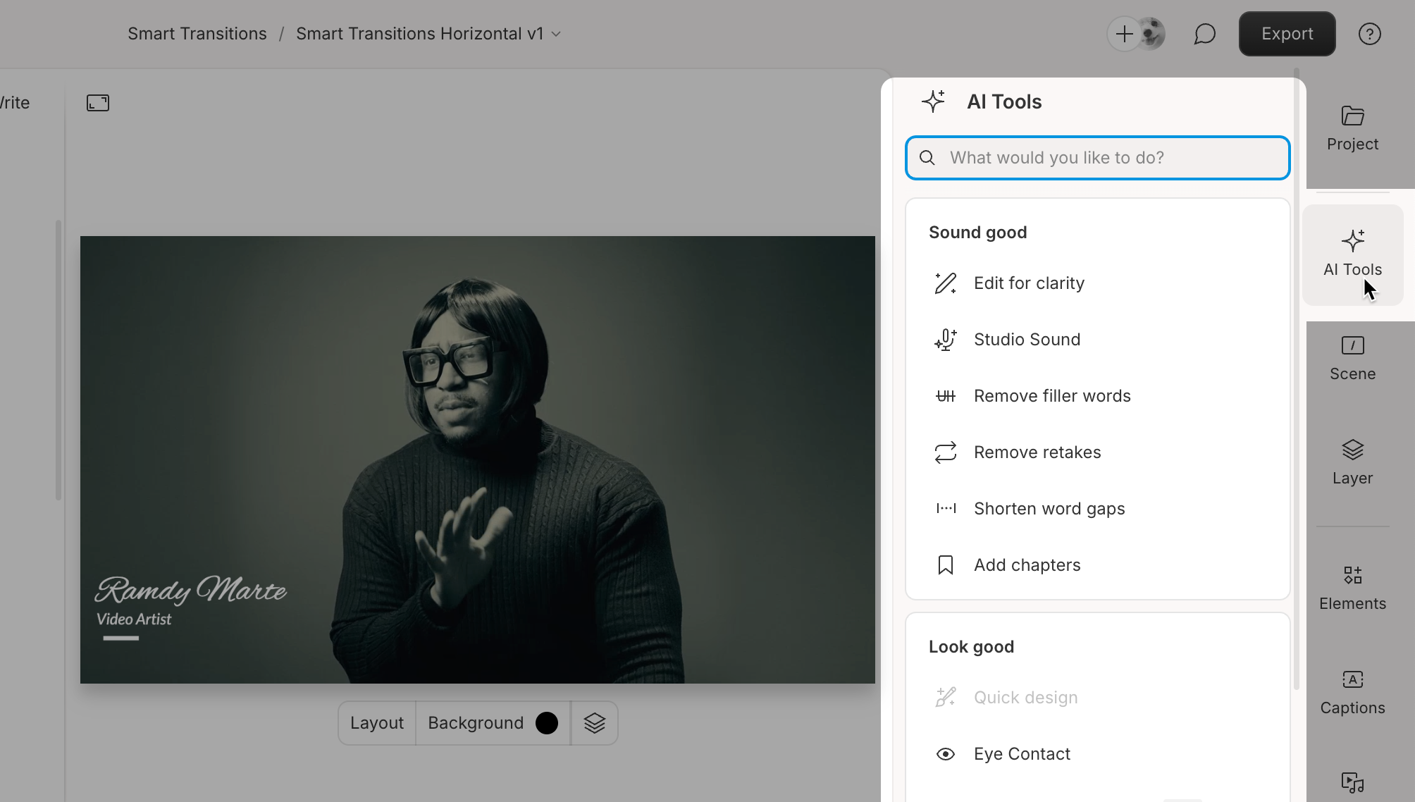The AI Tools panel in Descript, accessesed from the right sidebar. Hit Esc to close