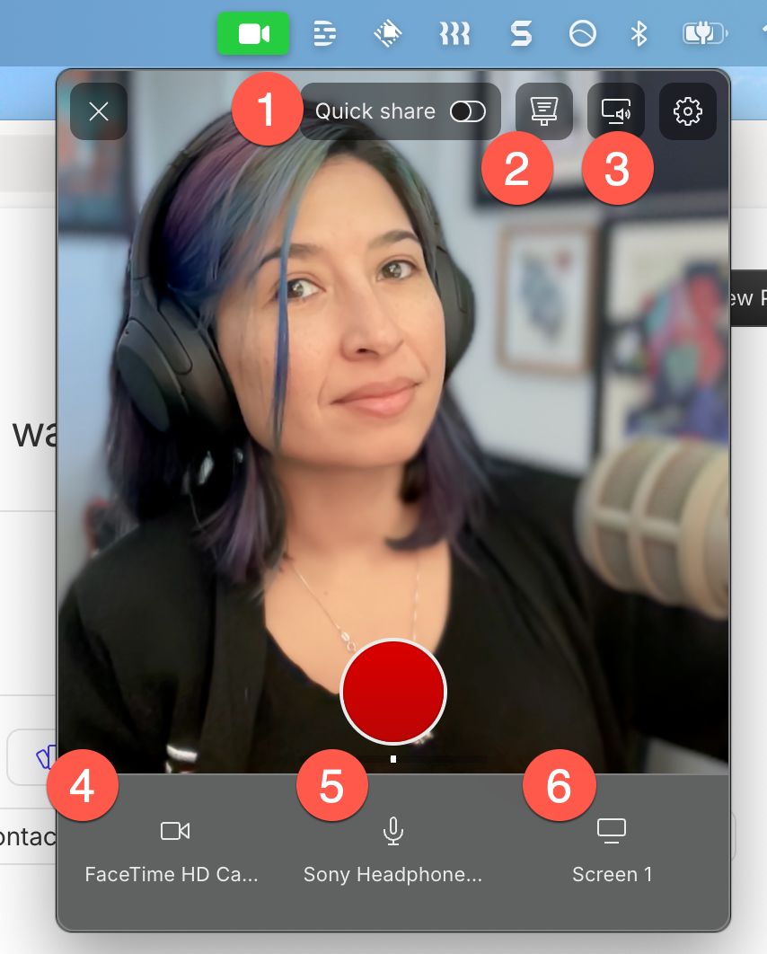 Dock layout showing recording input options for screen, camera, mic, and audio. Press Esc to close.