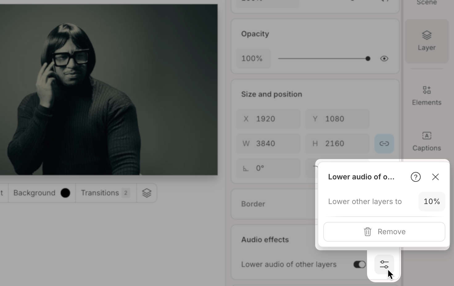 Lower audio of other layers effect options showing volume reduction slider. Press Esc to close.