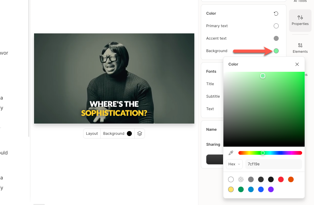 Color picker panel showing Primary, Accent, and Background swatches. Press Esc to close.