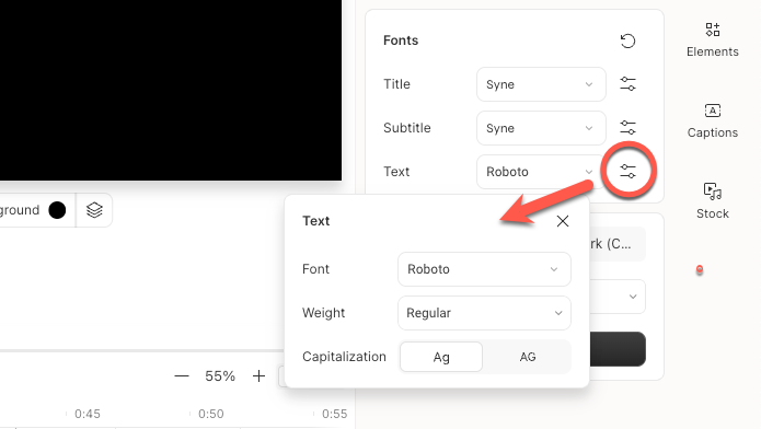 Font selection dropdown for Title, Subtitle, and Text. Press Esc to close.