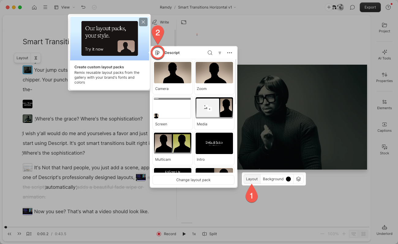Layout picker with Remix button highlighted. Press Esc to close.