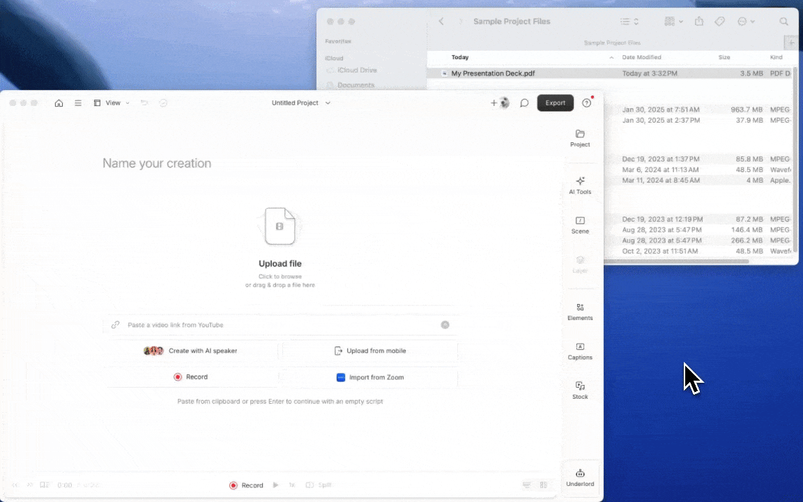GIF showing a PDF being dragged into the Files panel in Descript. Press Esc to close.