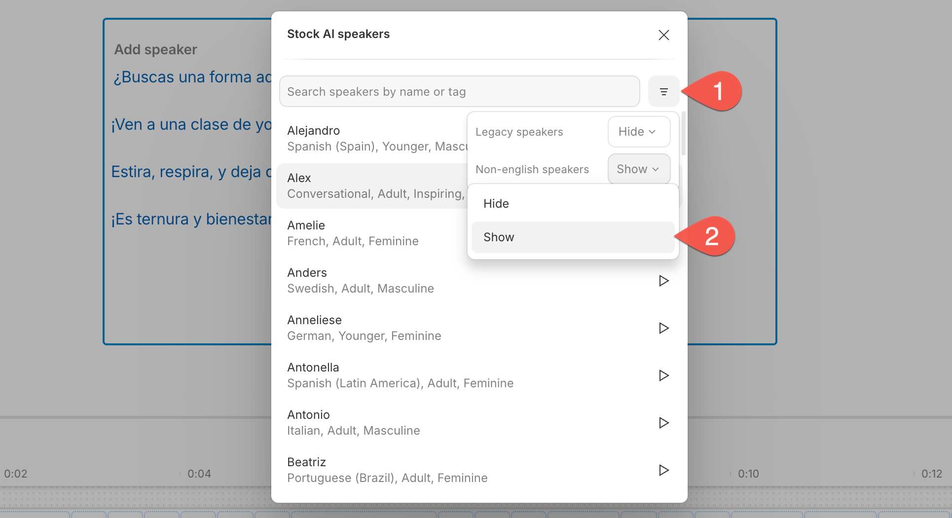 Filtering the speaker list to show non-English AI voices.