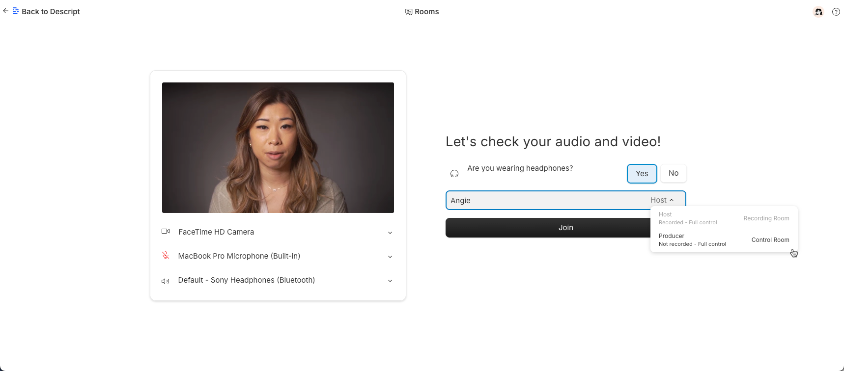 Dropdown to change role before entering the Room. Hit Esc to close.