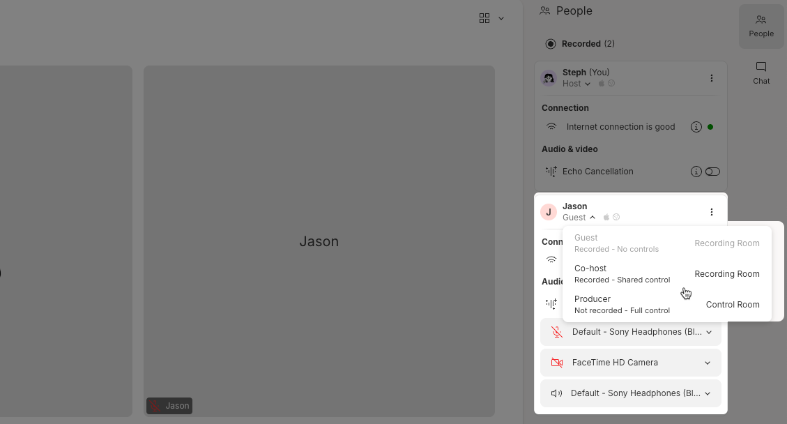 Changing a participant's role from the People tab. Hit Esc to close.
