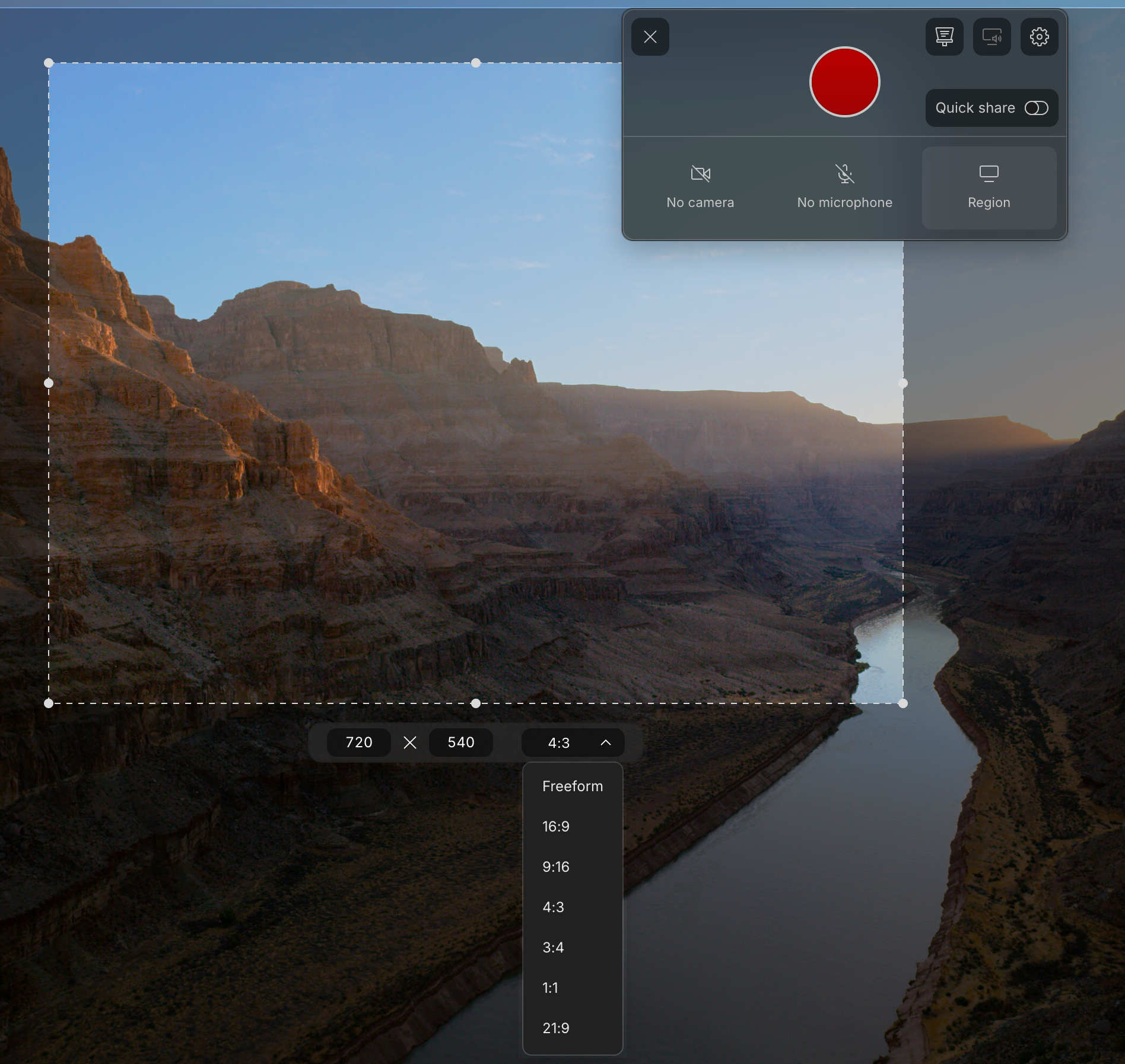 Custom region selection for screen recording