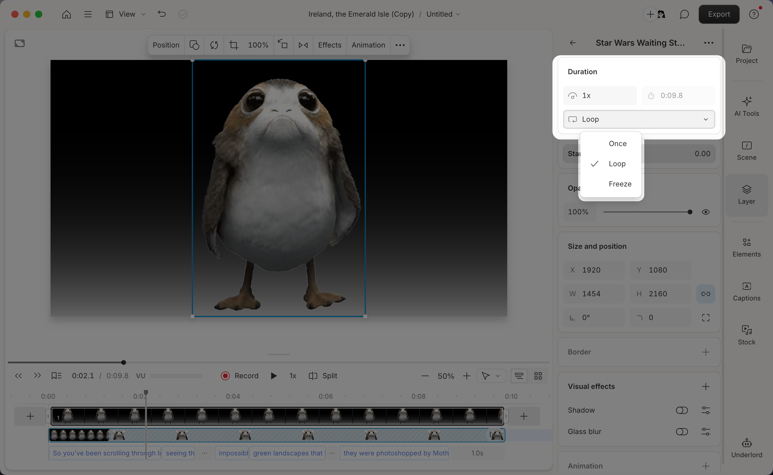 Loop or freeze clip dropdown menu