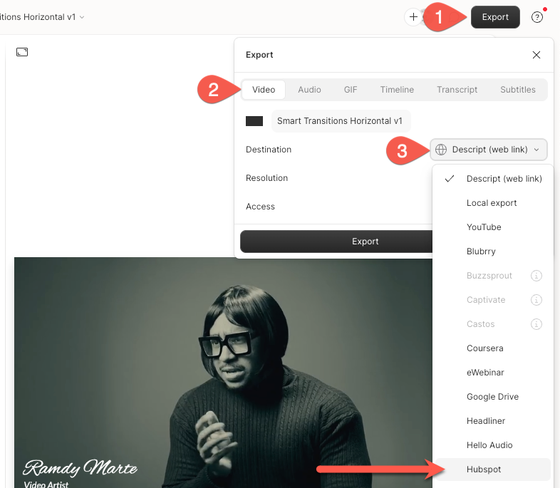 Exporting to HubSpot from Descript