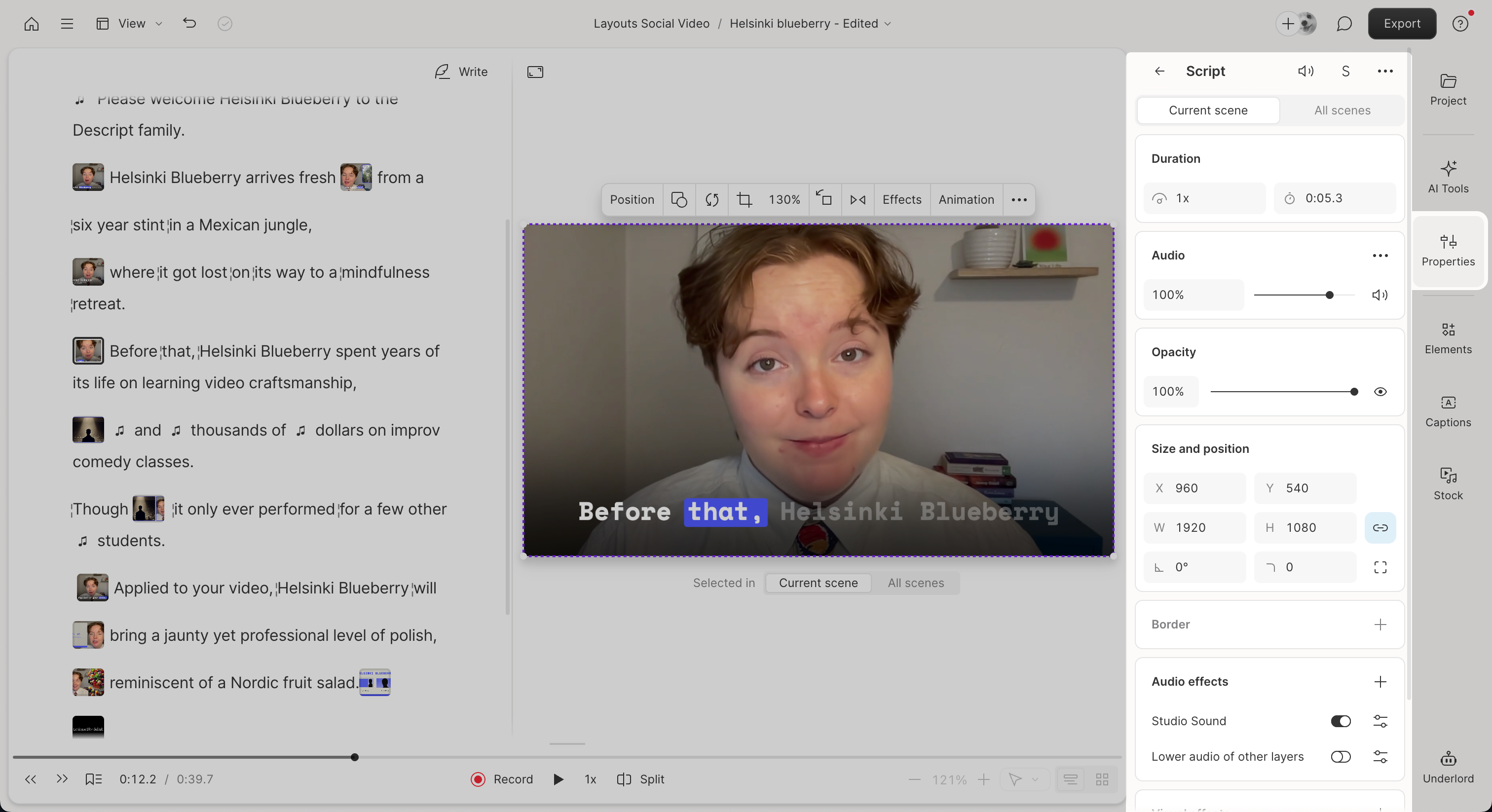 the Layer properties panel in Descript's editor