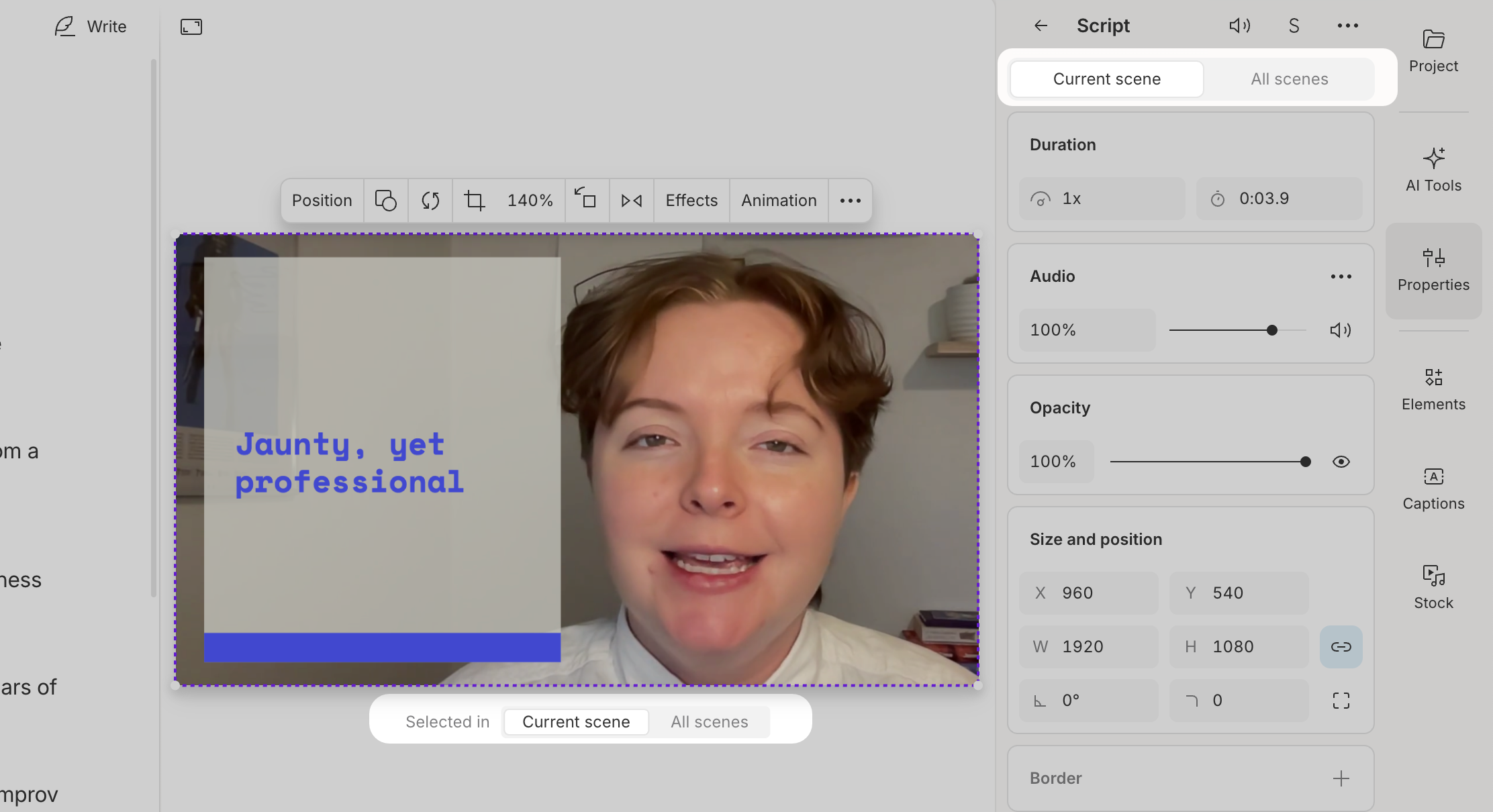 The Current Scenes/All Scenes Toggle in the Descript editor