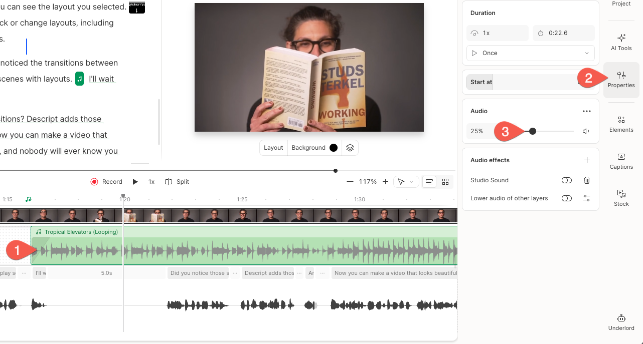 Adjusting audio volume in Properties panel