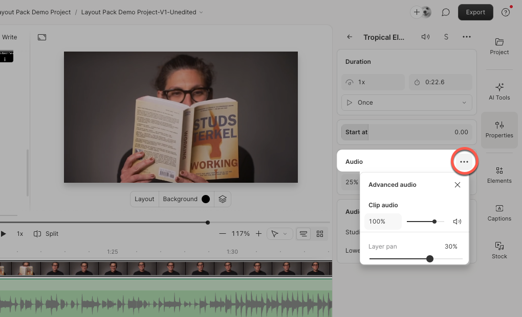 Panning audio using the Properties panel