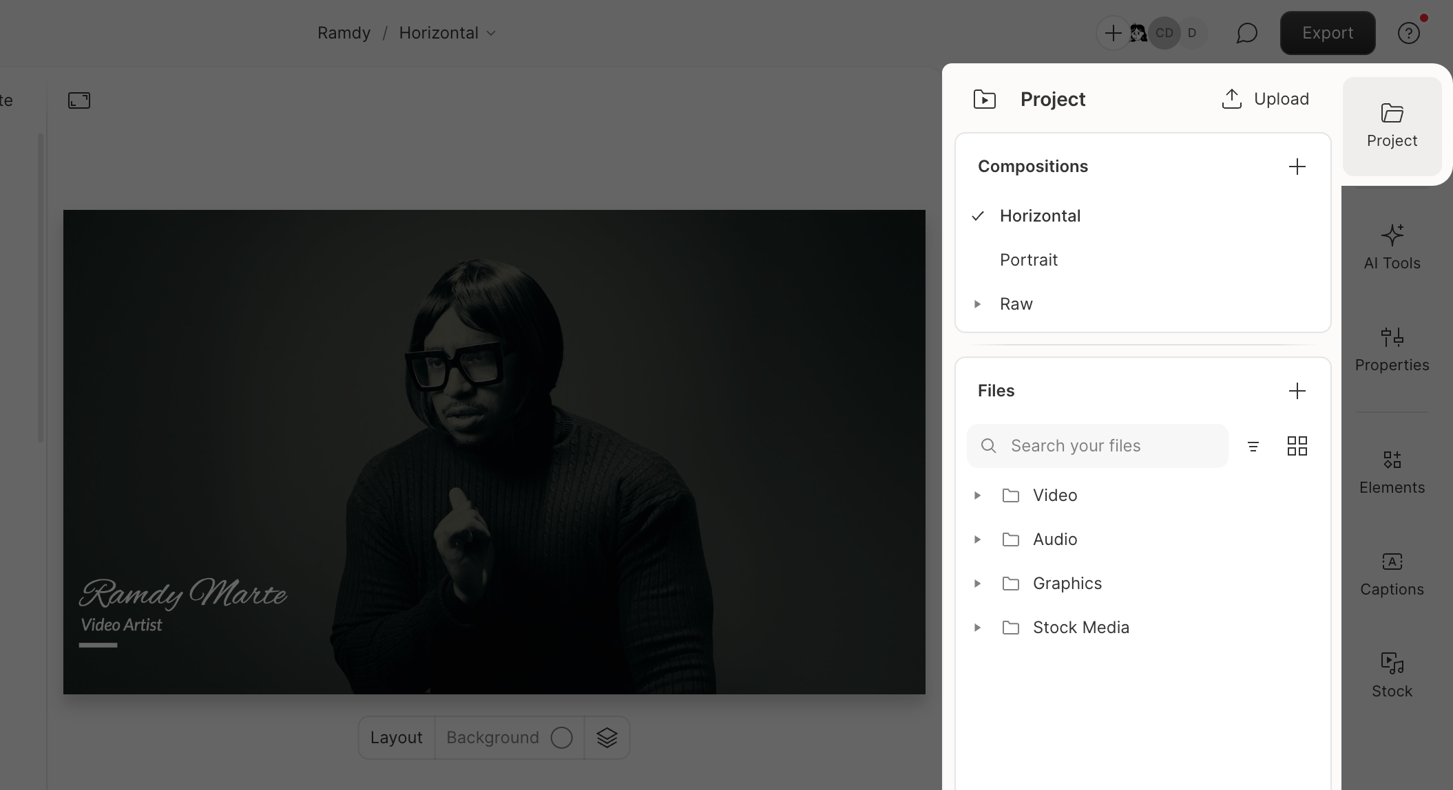 Project panel in Descript showing available media and sequence files. Press Esc to close.