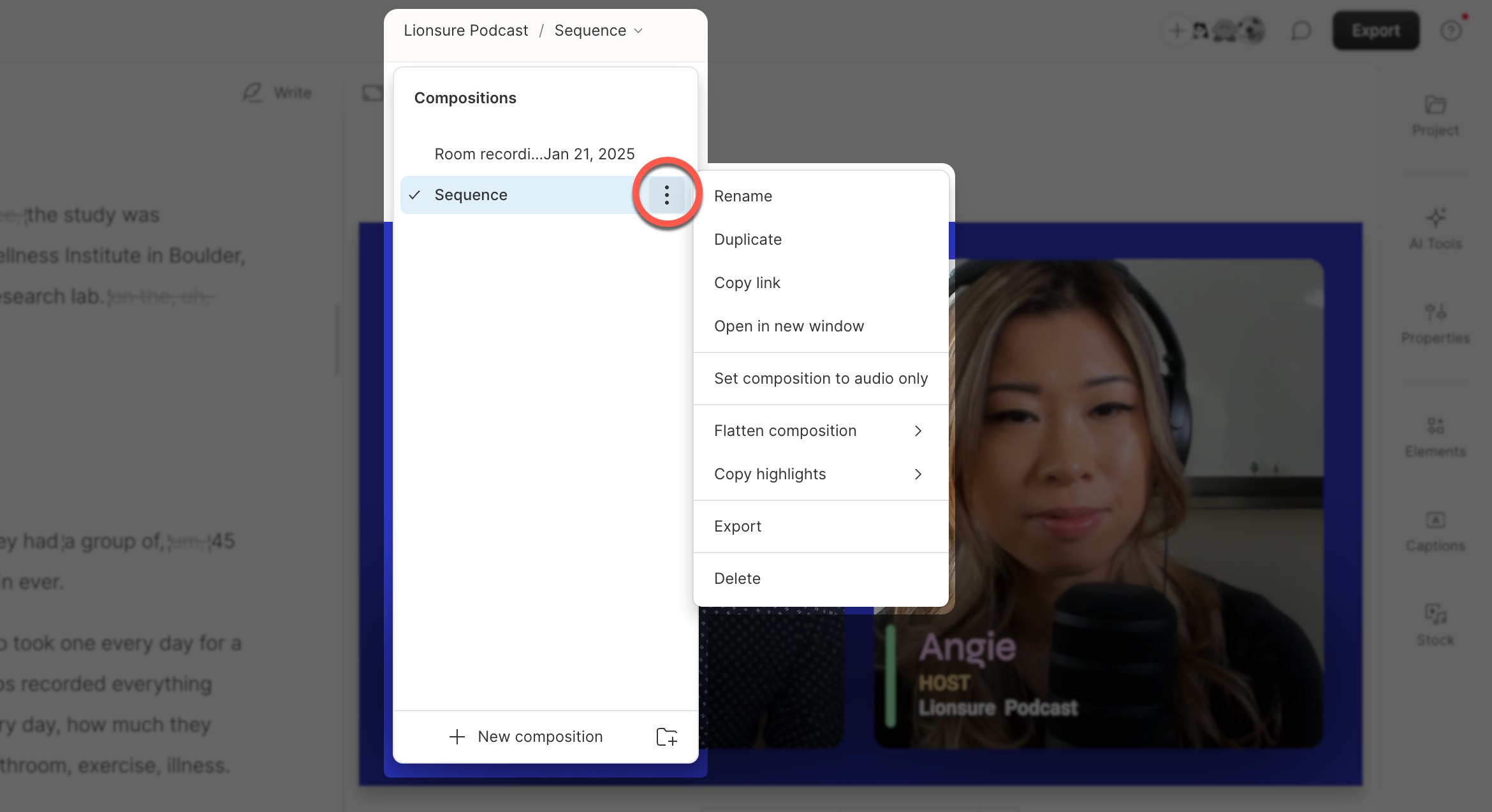 Composition options menu in Descript. Press Esc to close.