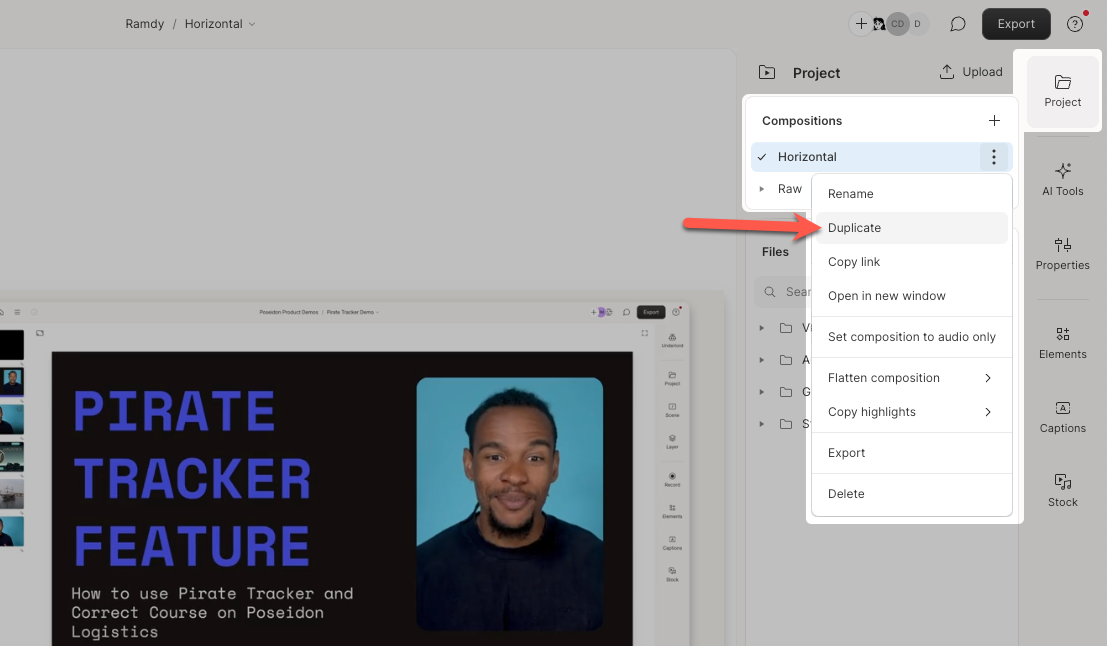 Composition options menu showing duplicate action