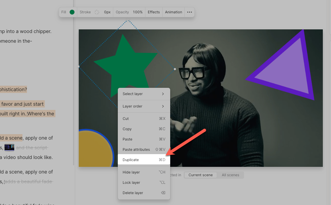 Right-click menu in timeline showing duplicate layer option