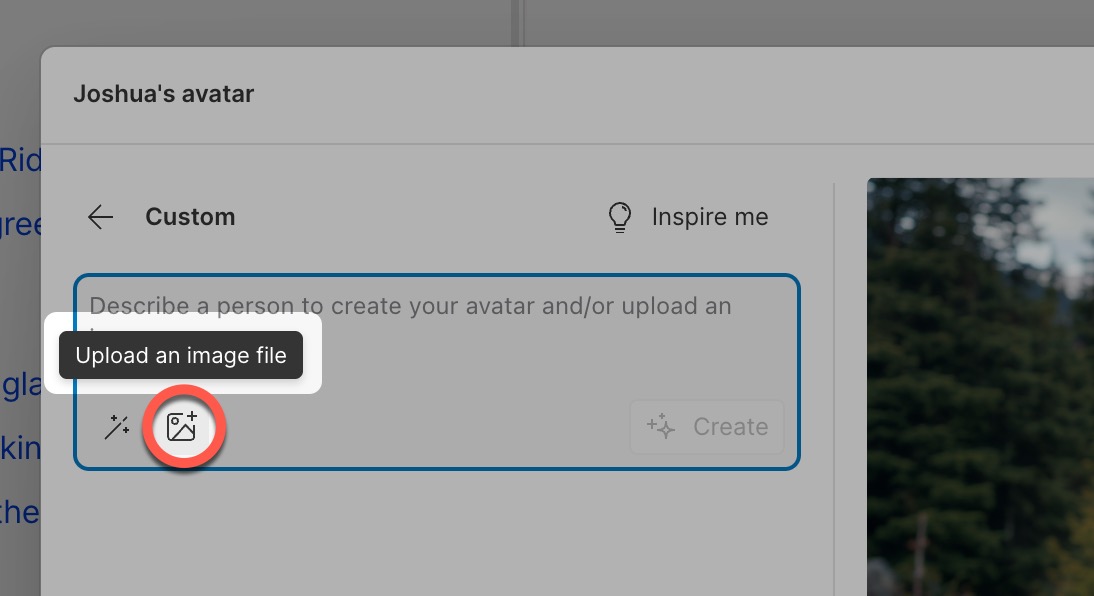 Image highlighting the Upload an Image button in the avatar creation window