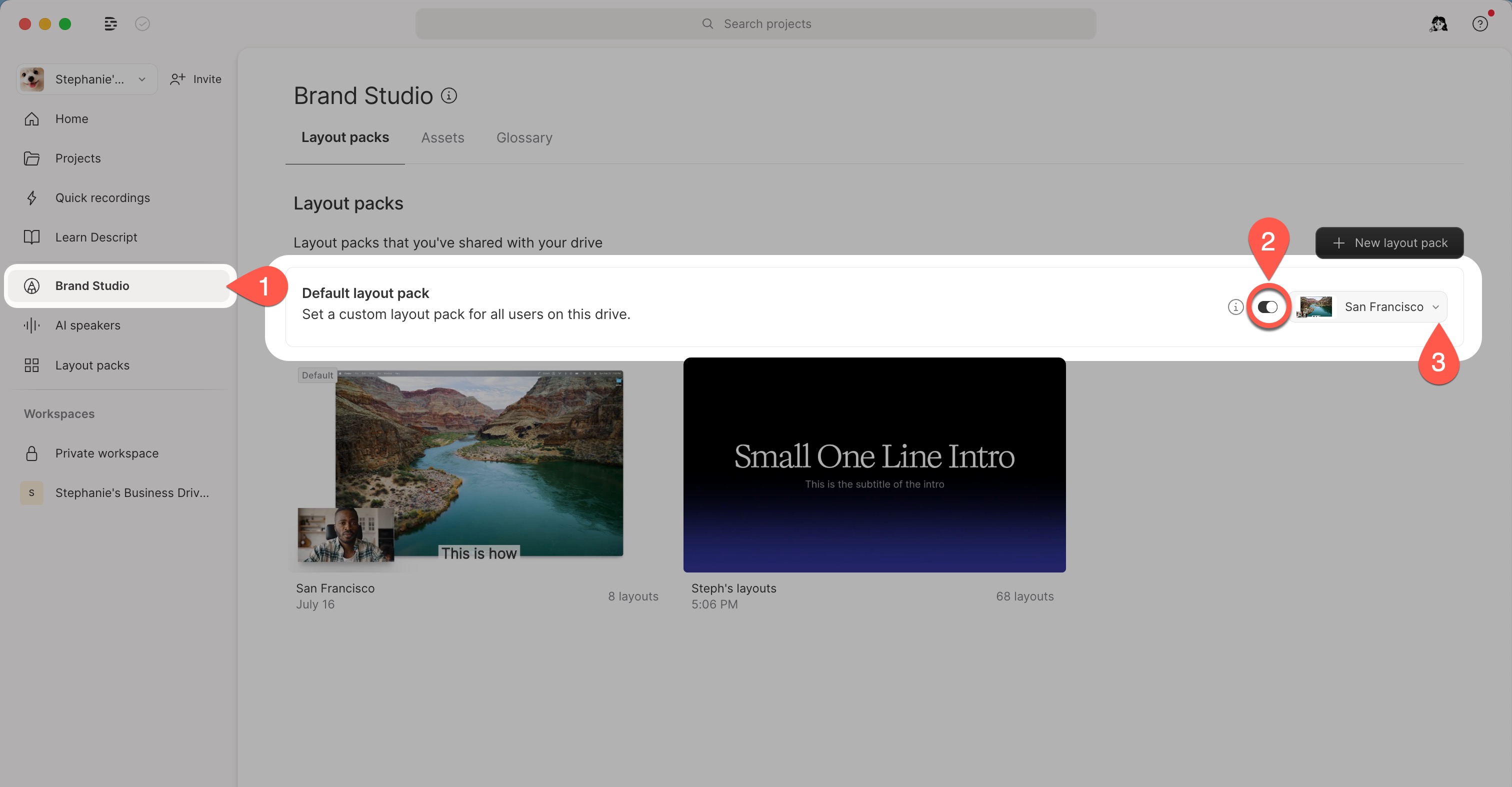 Default layout pack toggle in Brand Studio