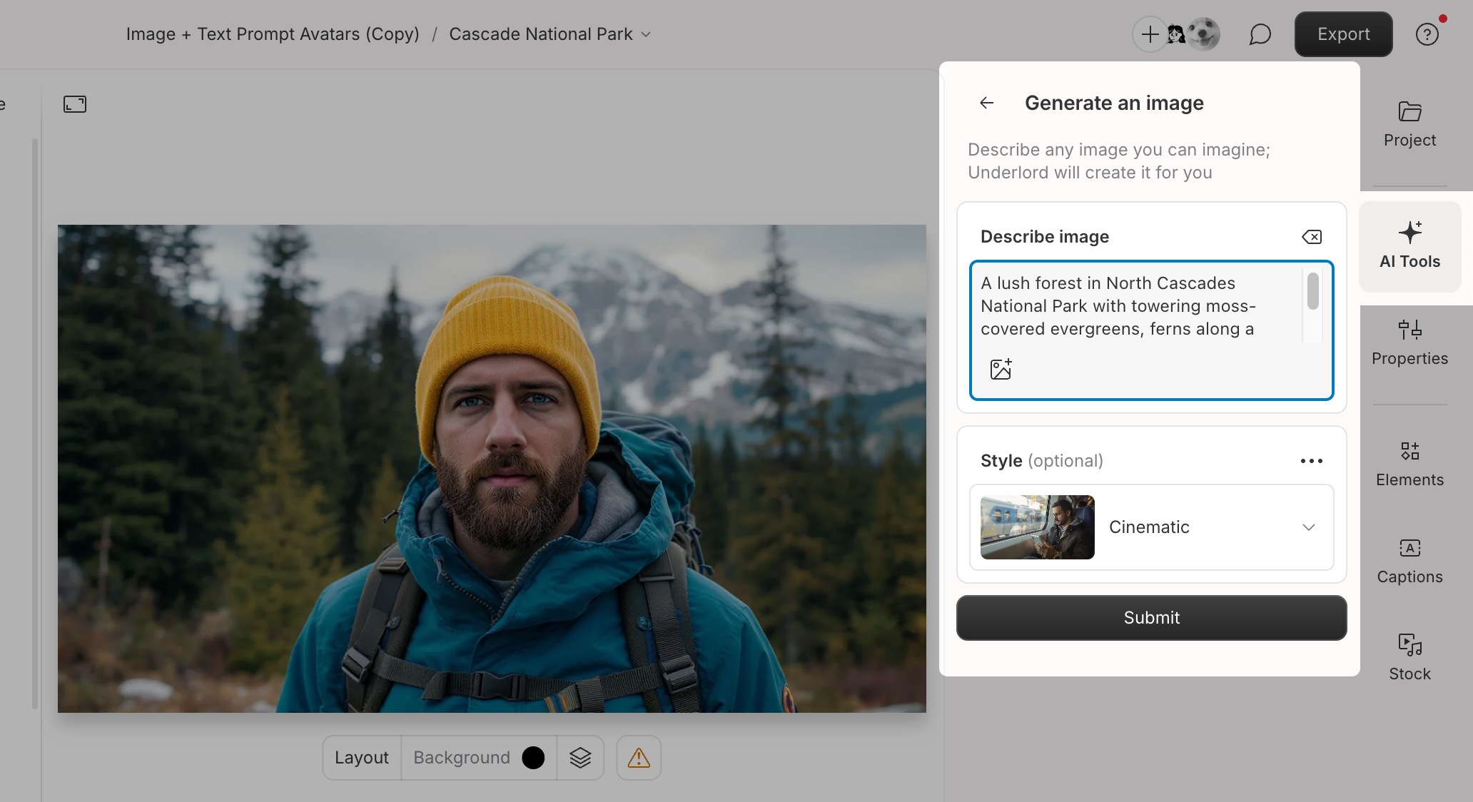 The generate image panel in AI Tools