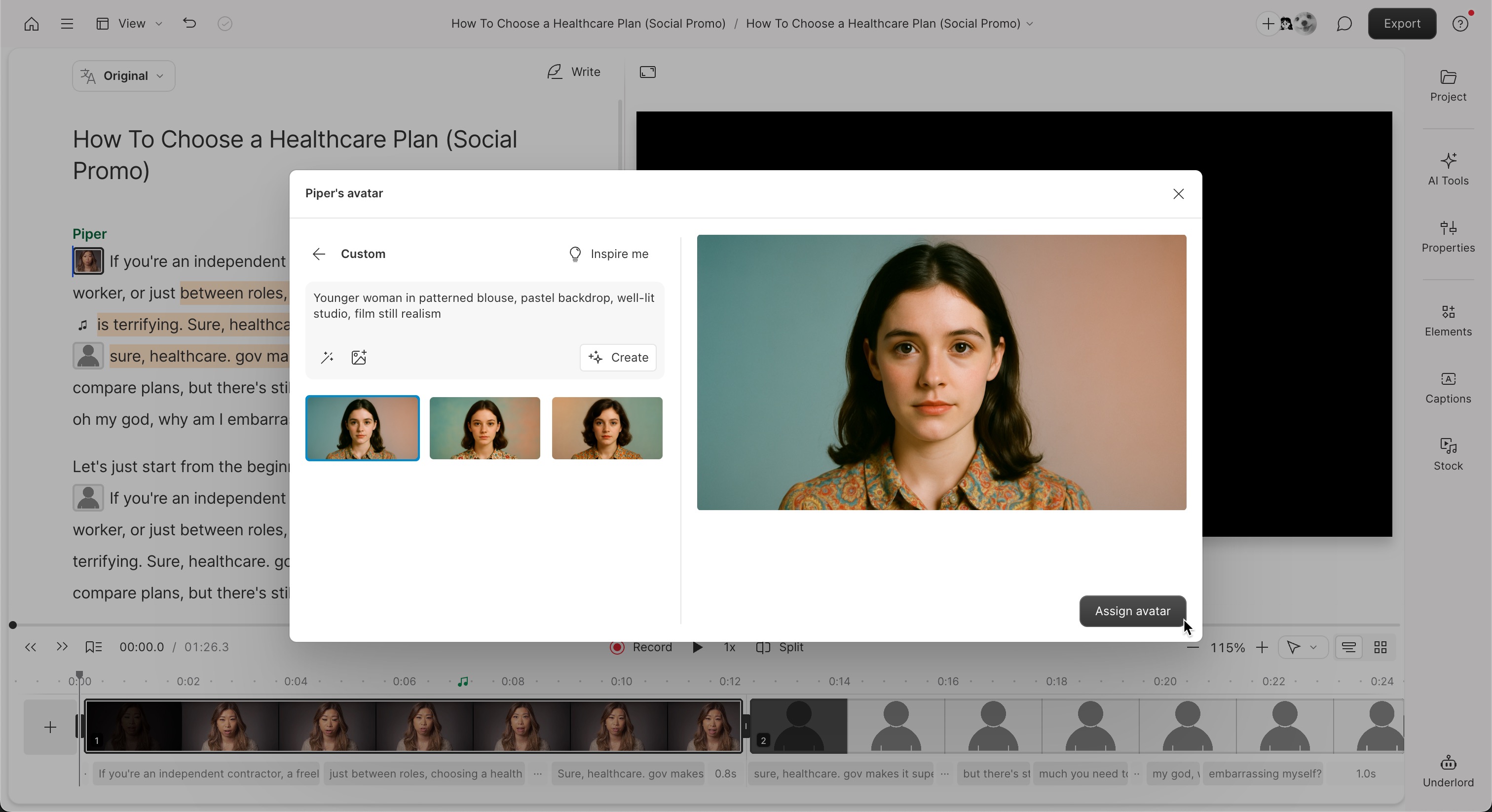 Assign avatar dropdown in Descript