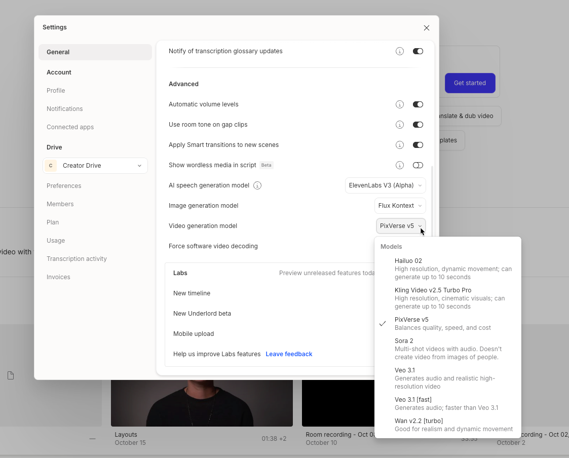 Choosing generative media models in Descript