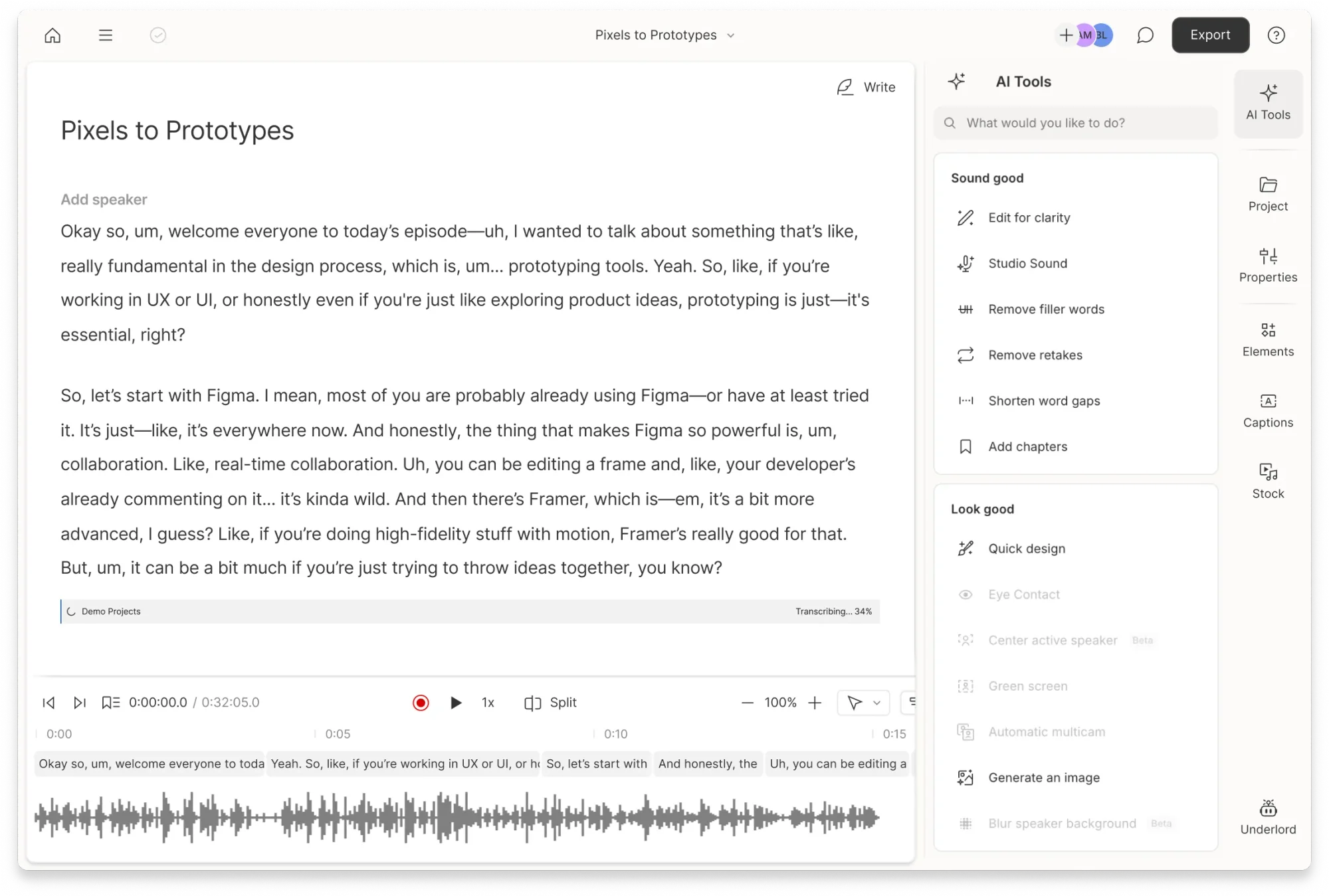 Automatic transcription in Descript