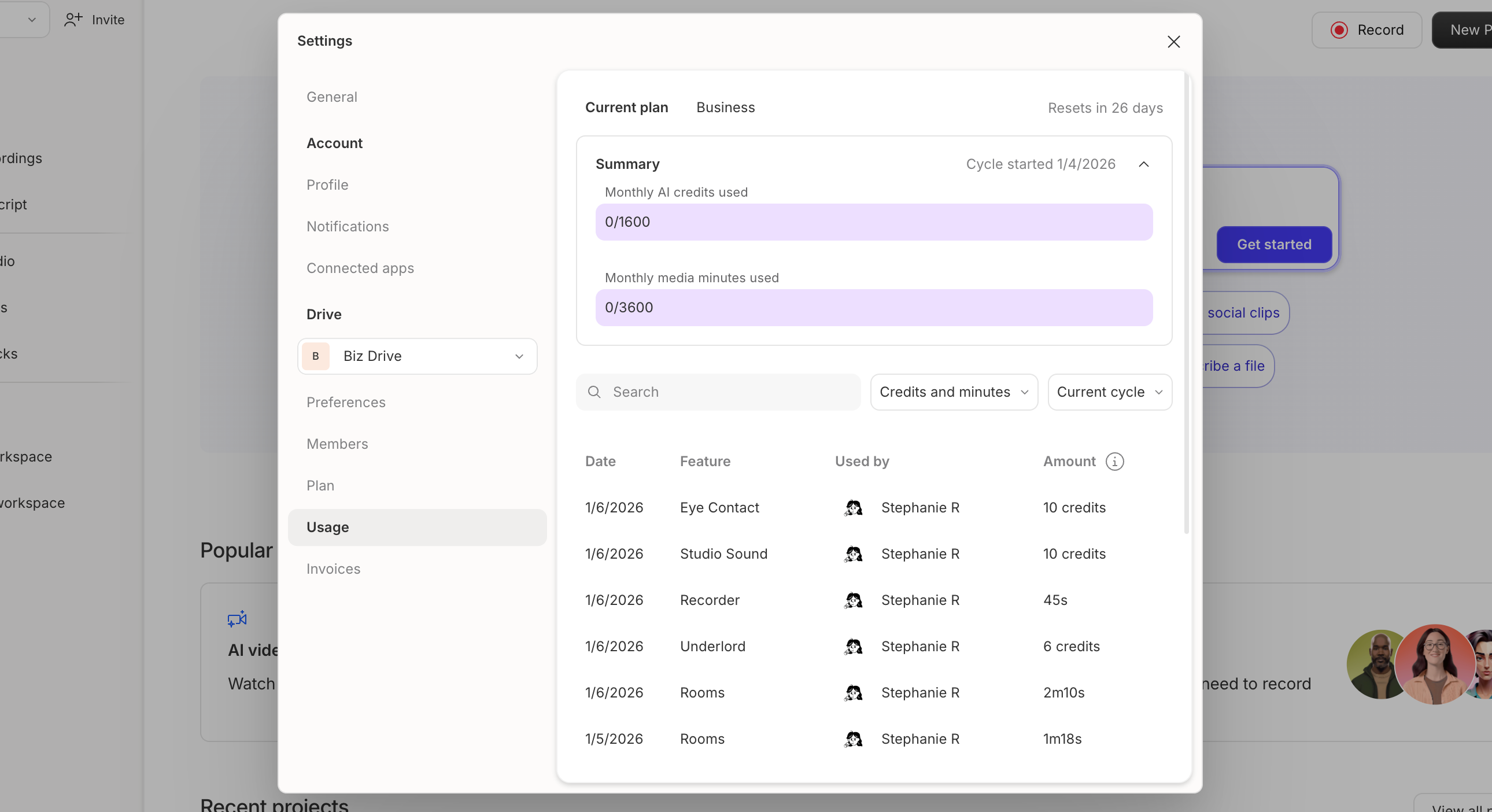 Usage tab in Descript
