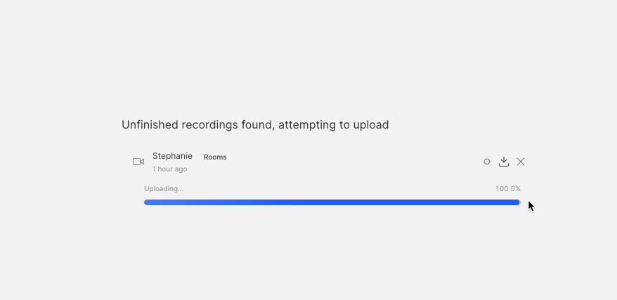 Recovery page showing upload progress of unfinished recording