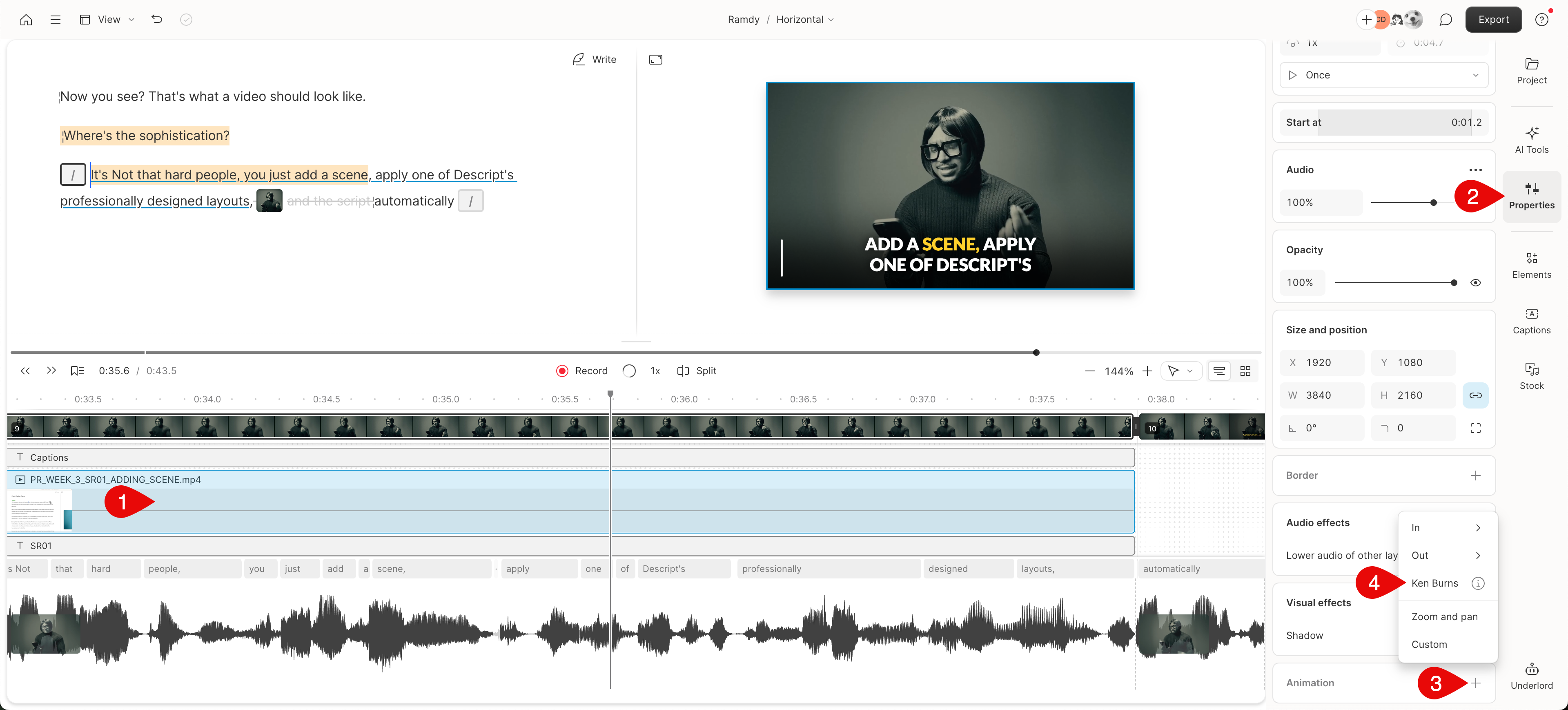 How to apply Ken Burns animations in Descript Editor