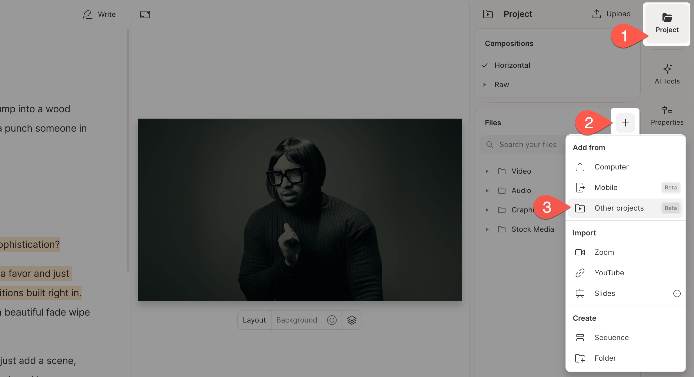 Project panel with an option to add a file from another project
