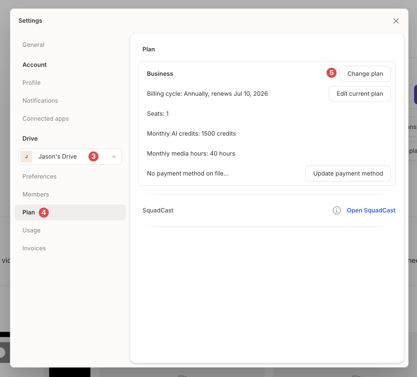 Change plan option in Descript App Settings