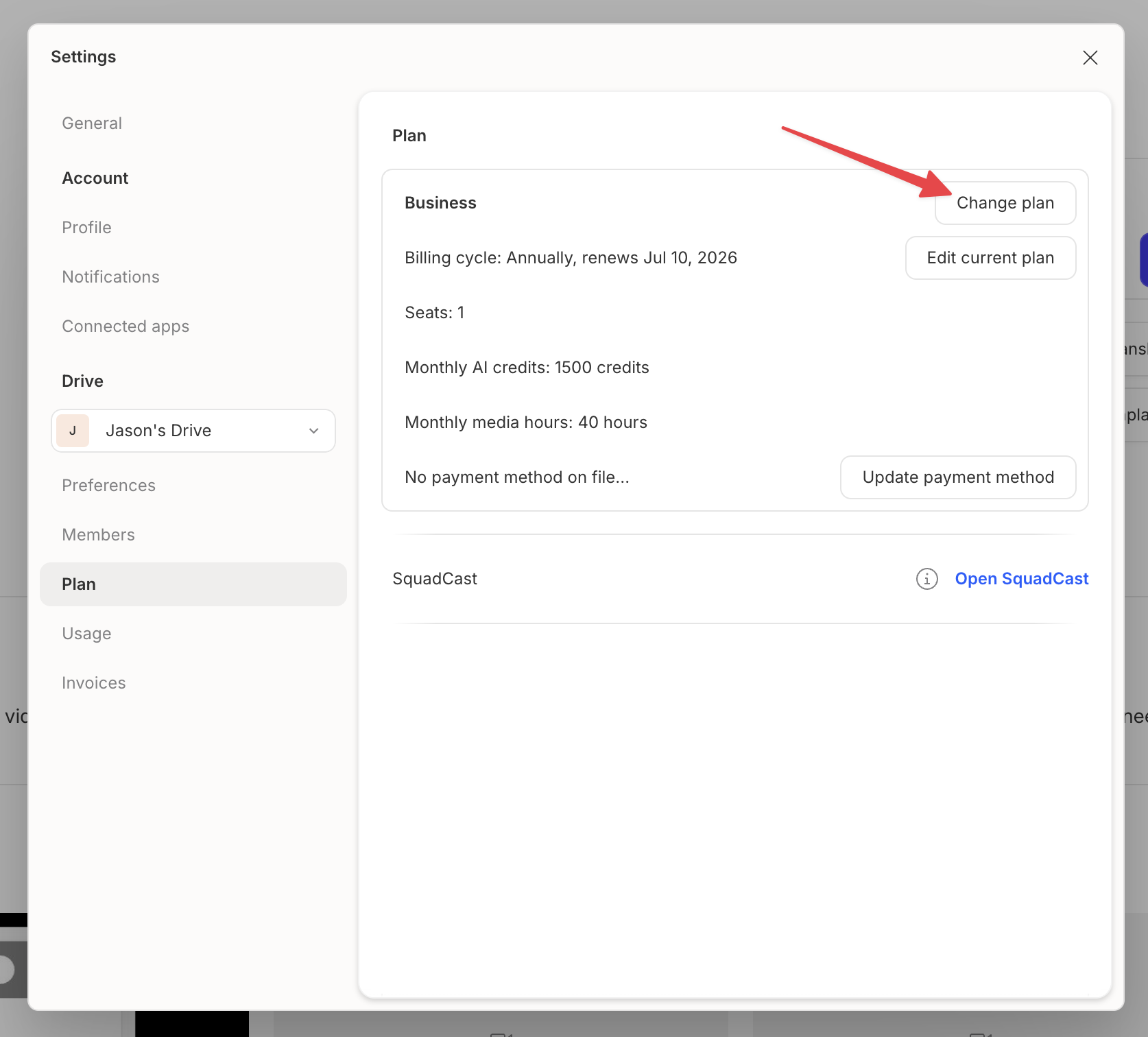 Change plan screen in Descript