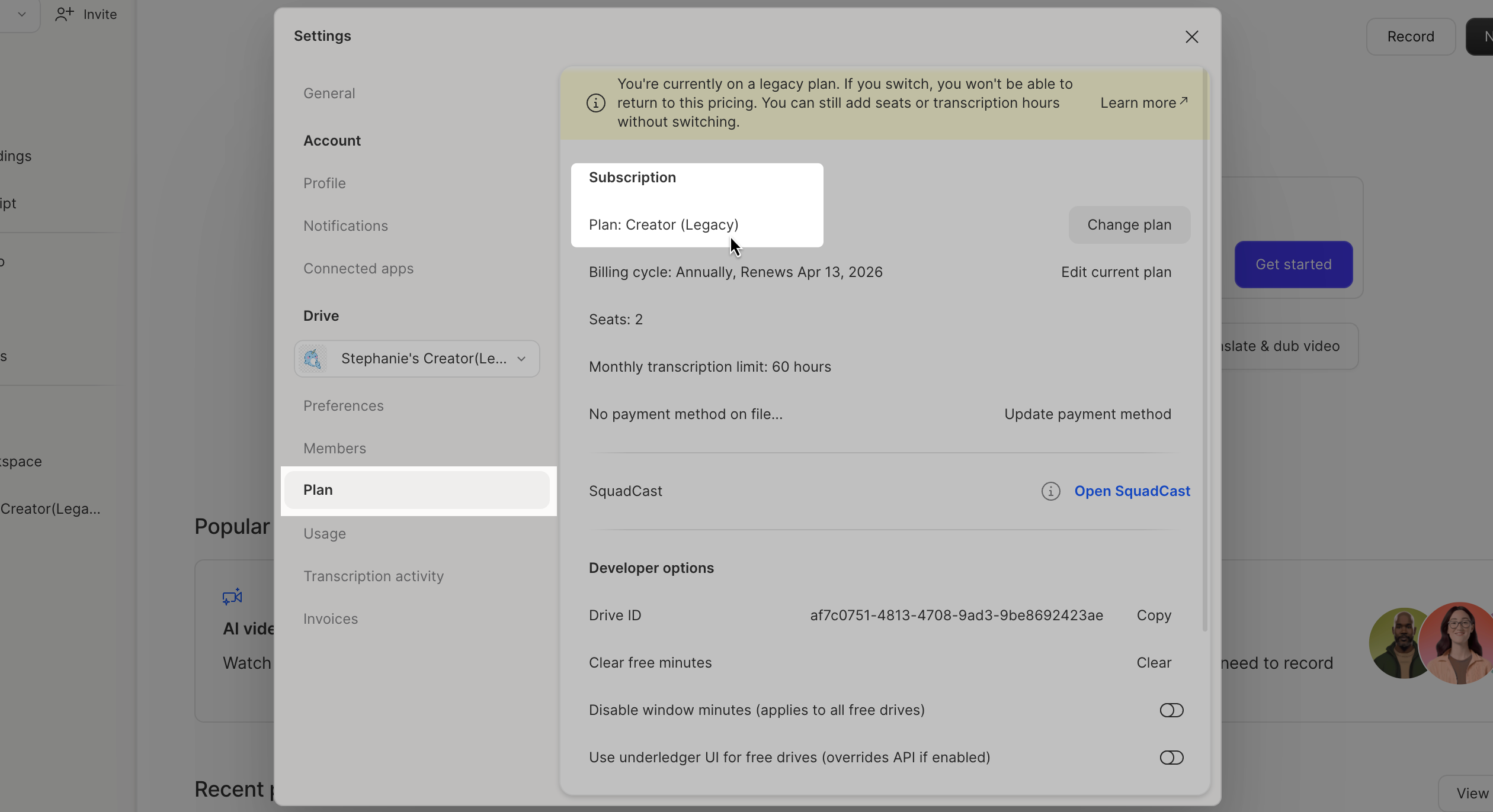 App Settings panel in Descript, viewing Plan settings