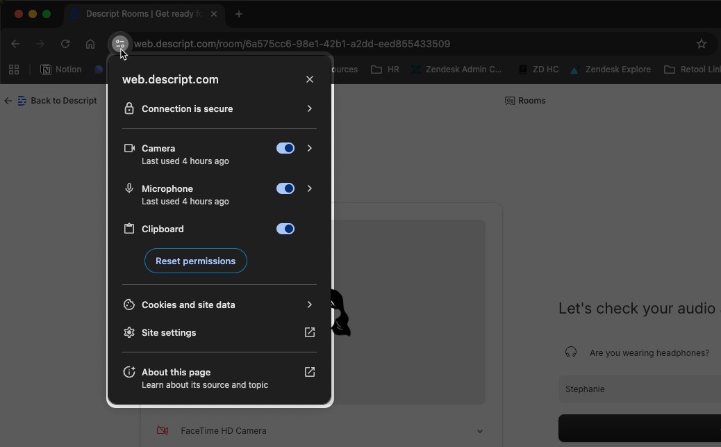 Browser permission prompt for microphone and camera access in Descript