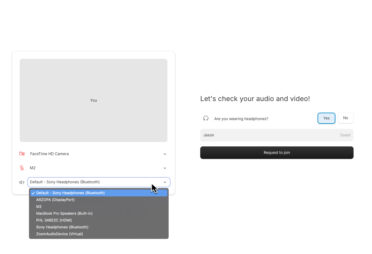 Guest setup screen in Descript Rooms before joining a session