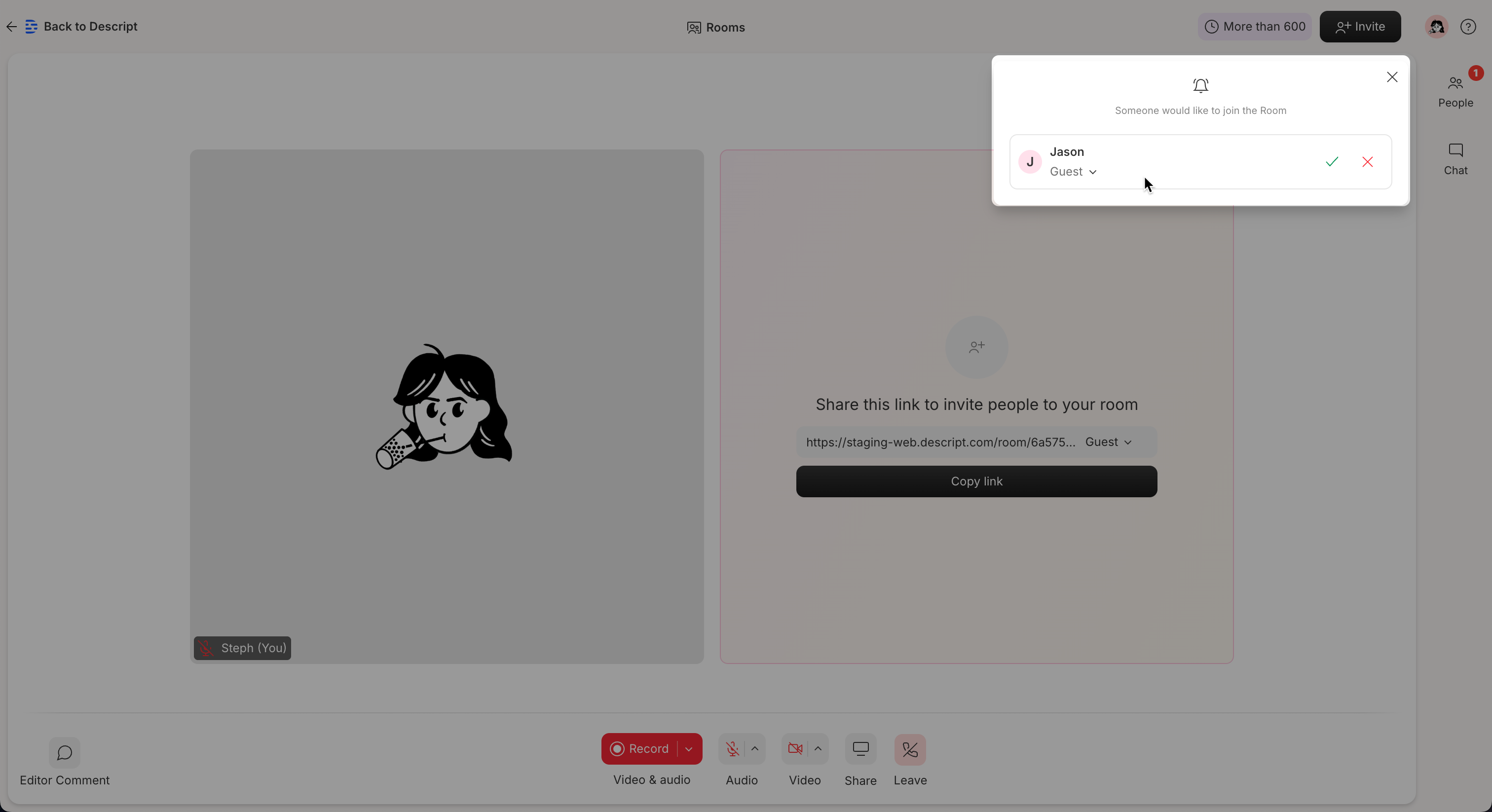 Host approval screen showing options to approve or deny join requests in Descript Rooms