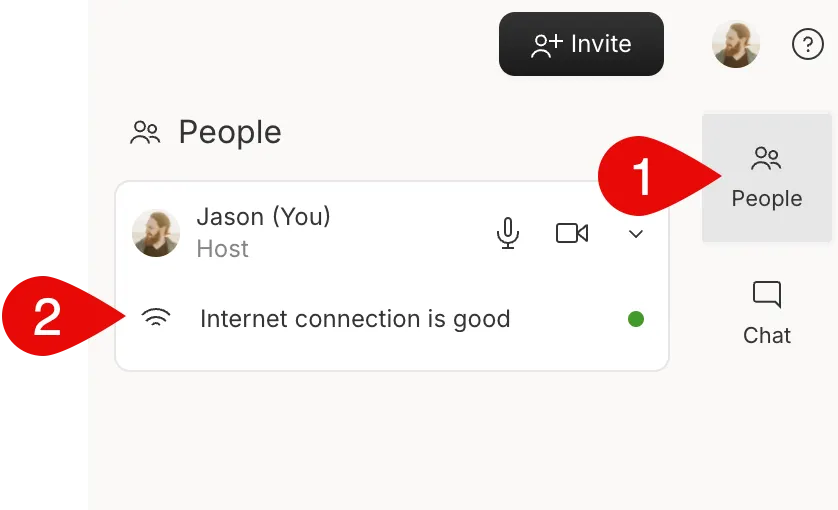 People panel in Descript Rooms showing network health indicators