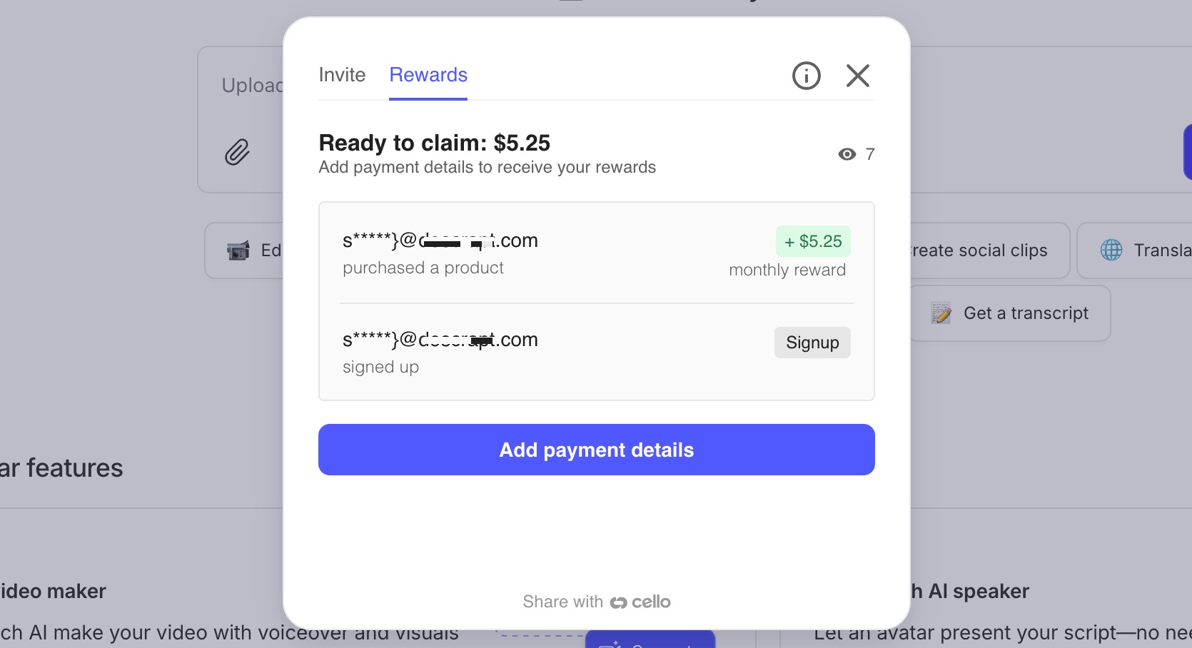 Claim payment details screen for referral rewards in Descript