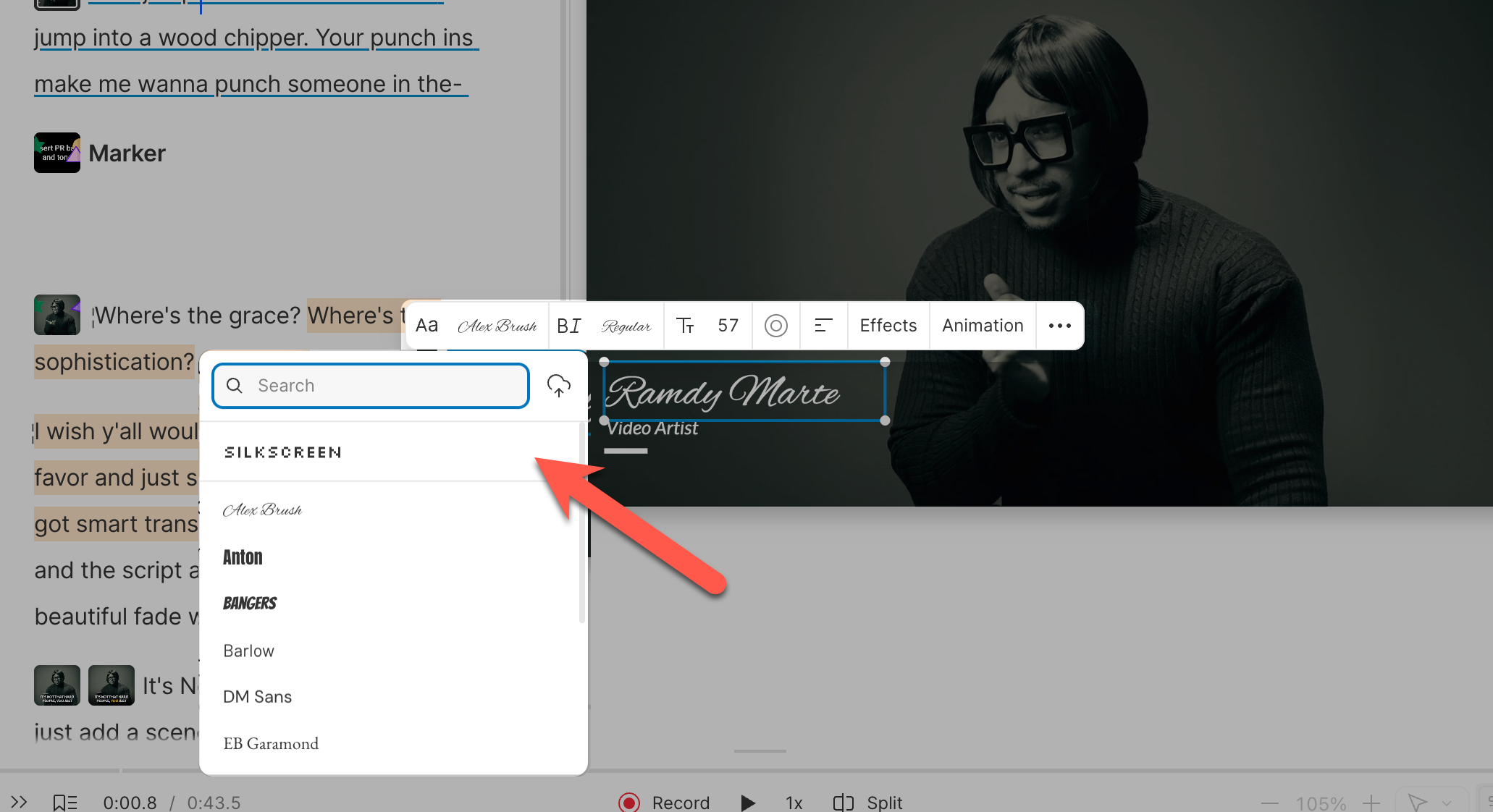 Selecting brand fonts in the Descript editor