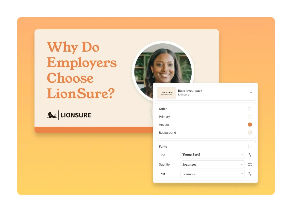 Brand Studio Assets tab in Descript showing custom fonts, colors, and share page branding options