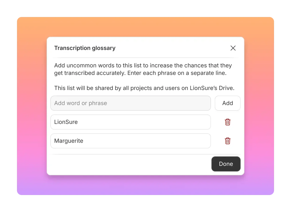 Transcription Glossary modal in Descript showing branded terms and spellings