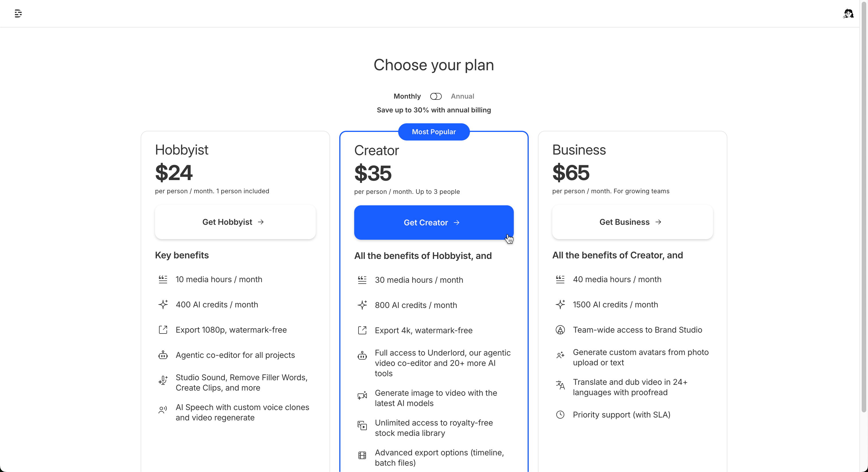Descript subscription plan selection screen showing pricing options