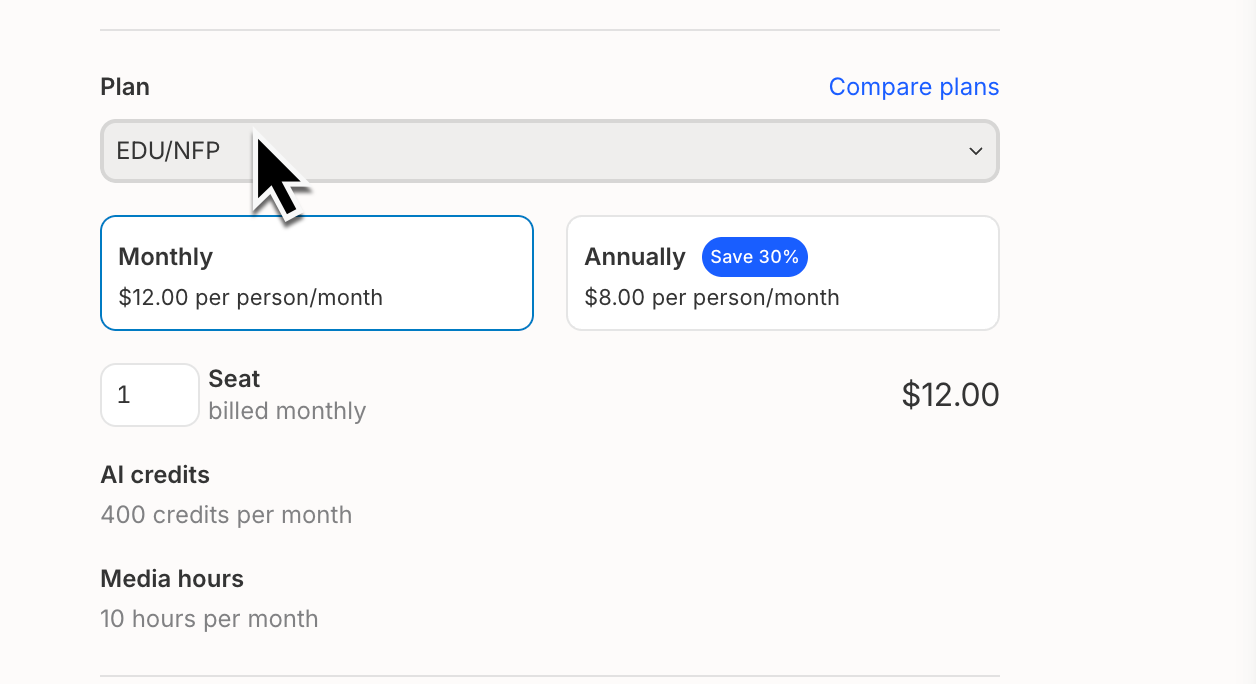 Educational discount subscription configuration screen in Descrpt
