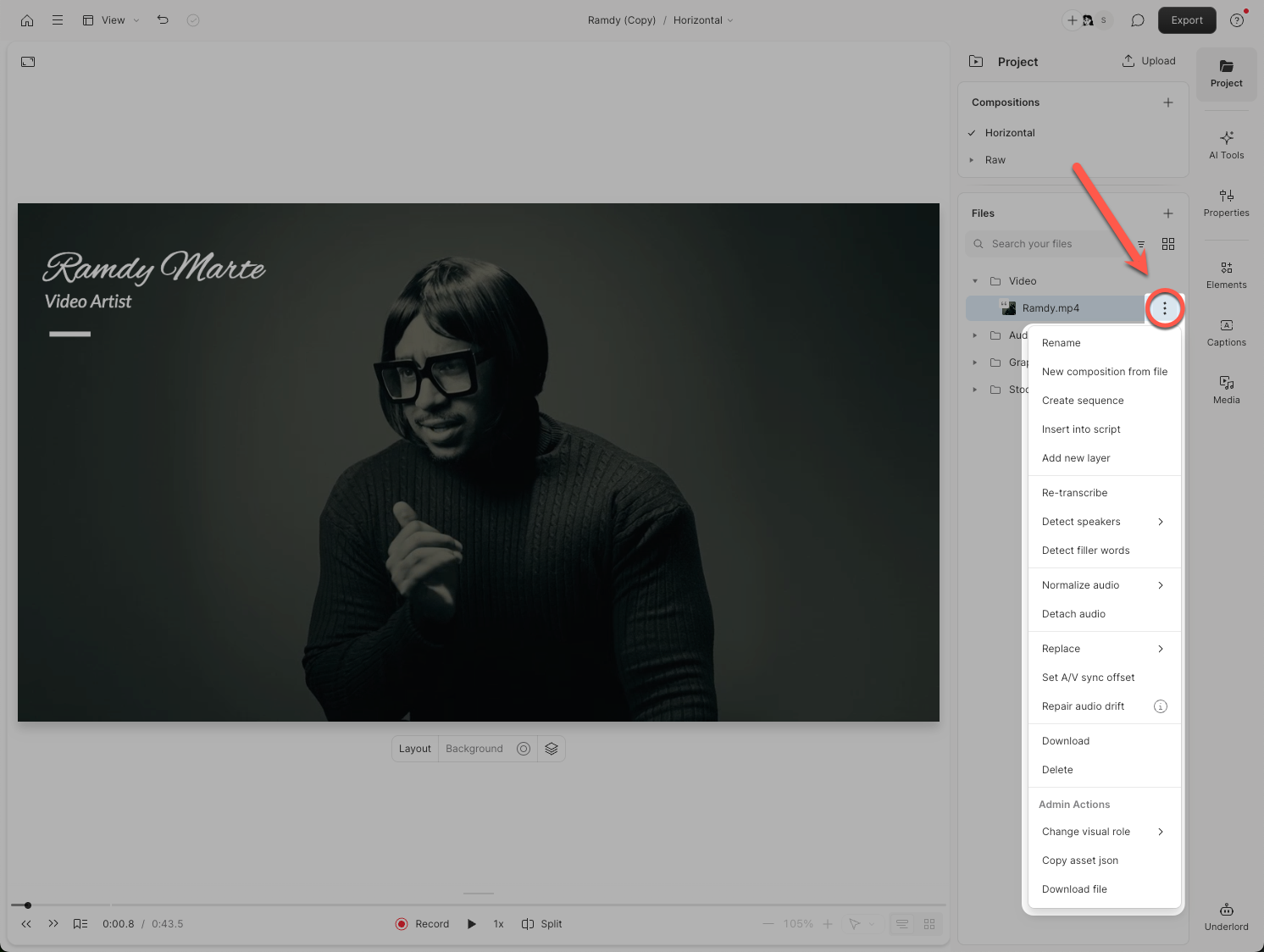 Project file actions menu in Descript