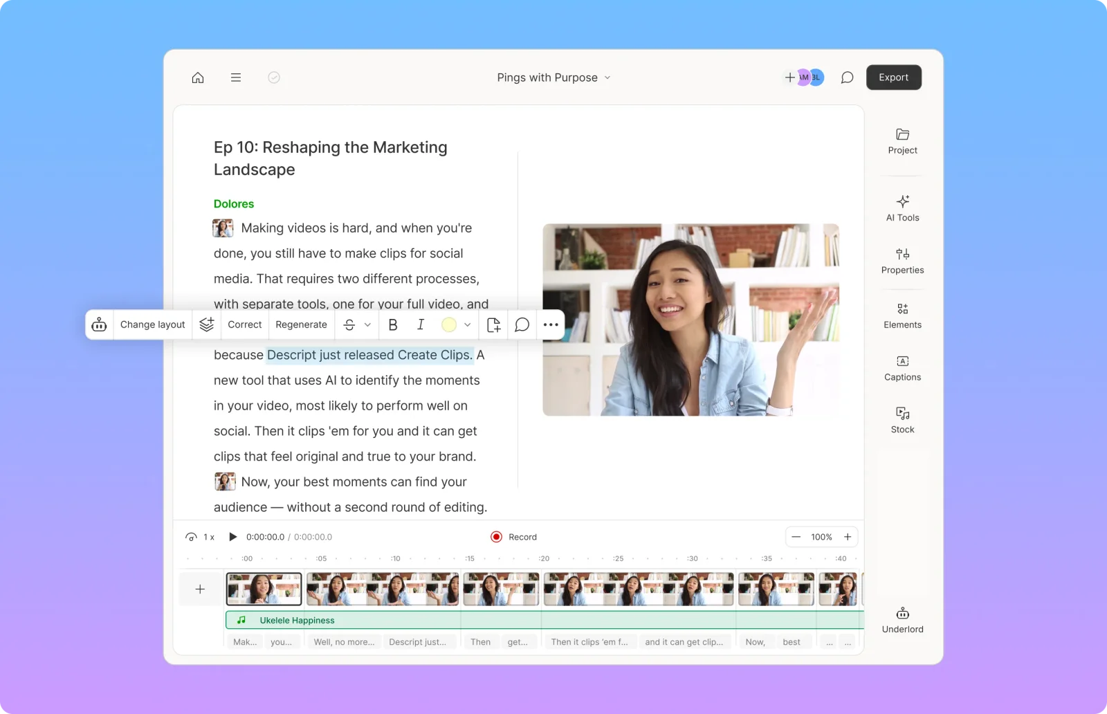 Descript editor hover menu example
