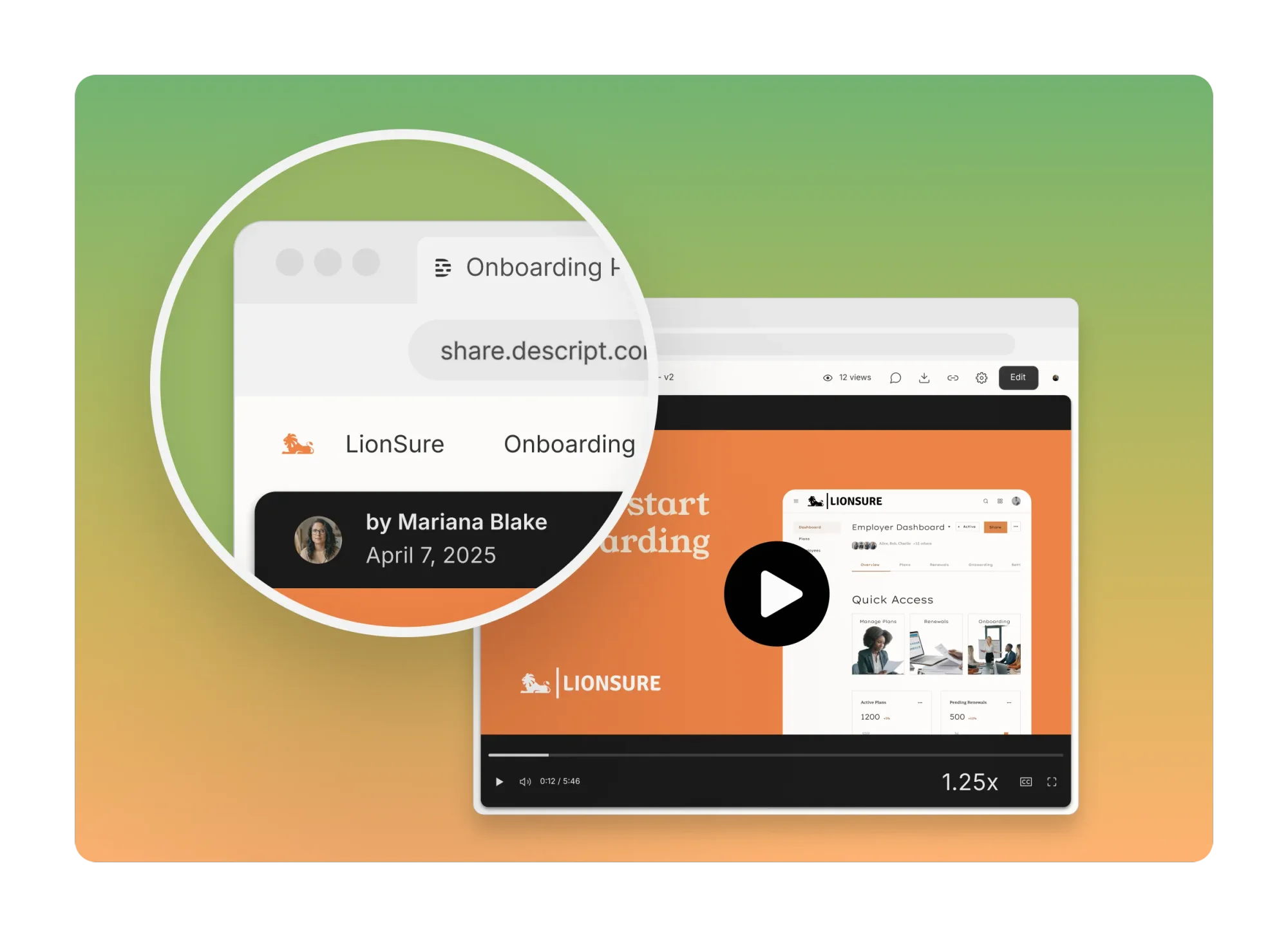 Custom branding example on a Descript share page