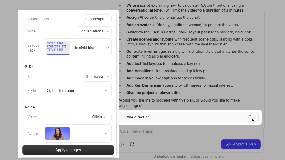 Example of style direction options in Descript