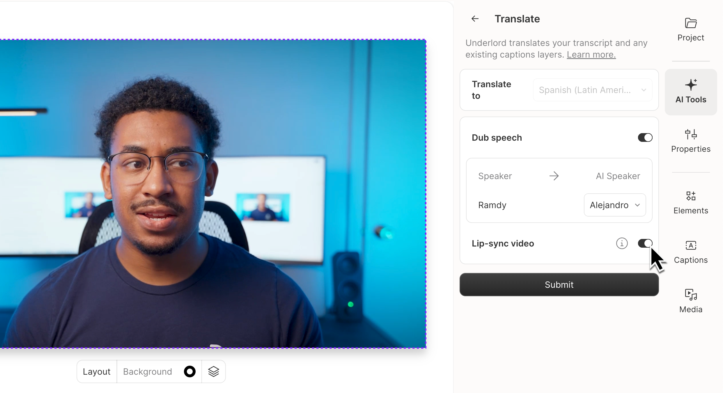 Lip-sync toggle option in the Translate panel